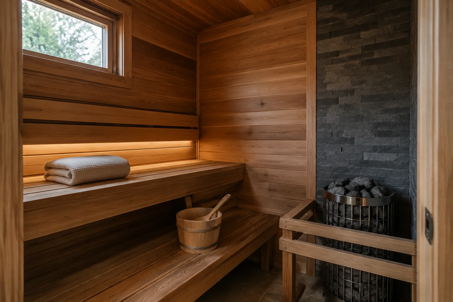 A generic cedar sauna interior with tiered benches and a stone heater
