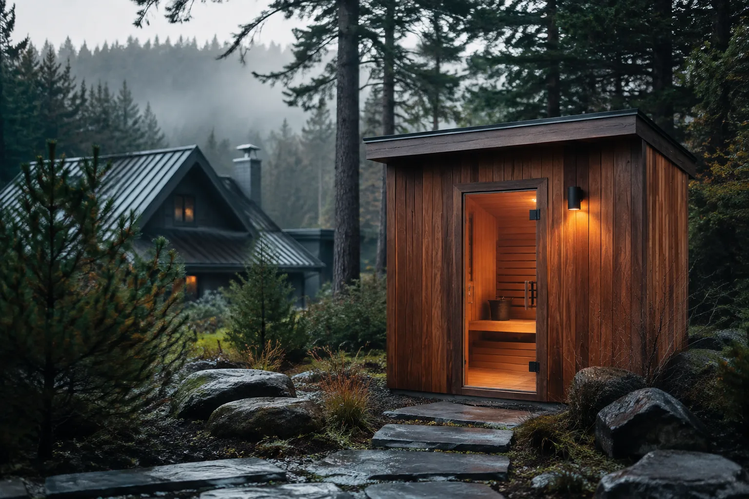 A contemporary sauna concept beside a mountain home