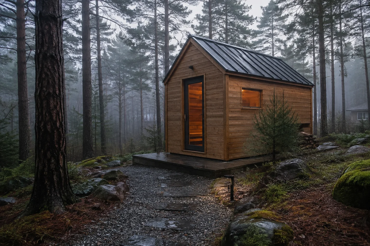 A generic outdoor cedar sauna on a stone pad in a misty pine setting
