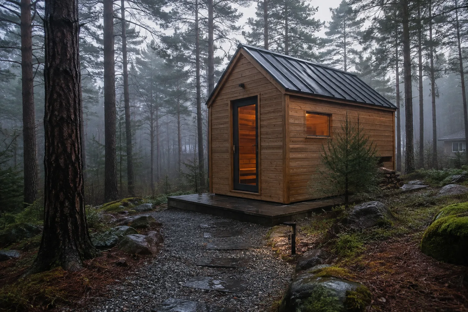A generic outdoor cedar sauna on a stone pad in misty pines